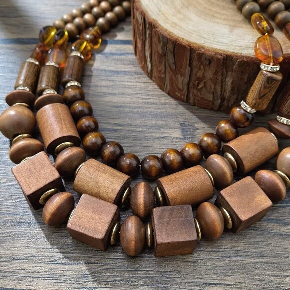 Layer Chunky Wood Beaded Necklace Exaggerated Statement Bead Collar Necklace Bib - Picture 4 of 8